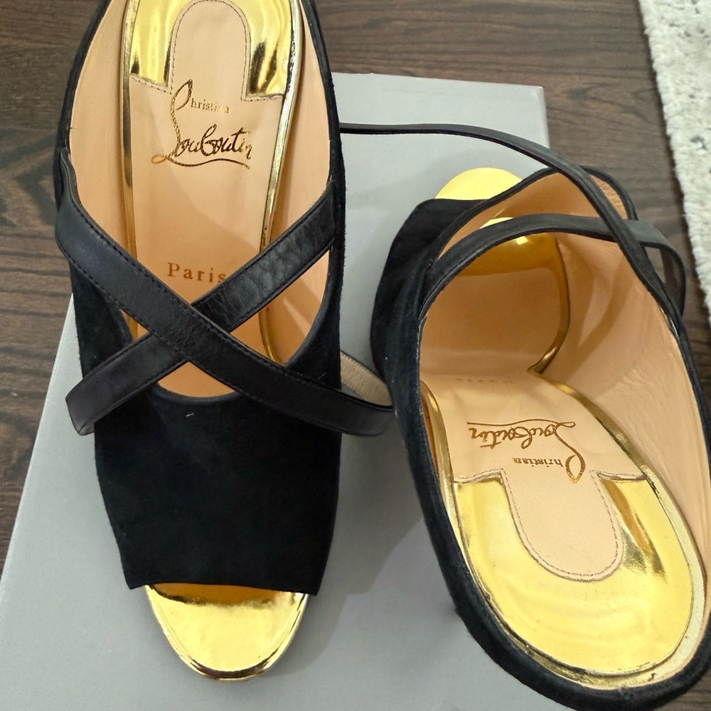 Christian Louboutin Black and Gold Peep-Toe Heels